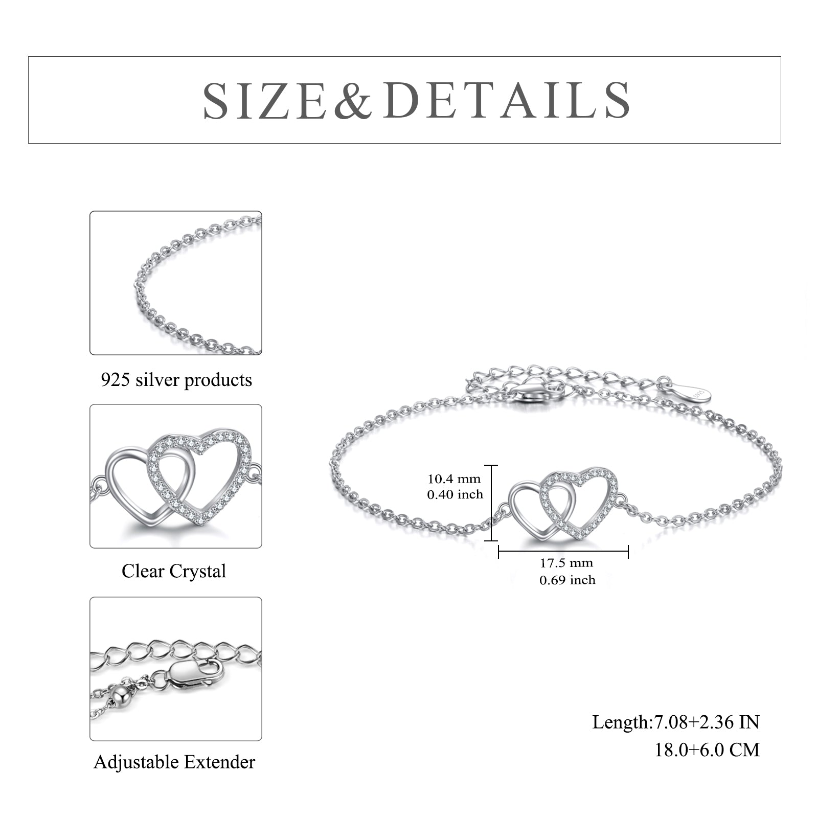 Sterling Silver Double Love Heart Bracelet Jewelry Gifts for Women Sterling Silver Double Love Heart Bracelet Jewelry Gifts for Women